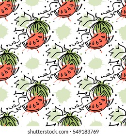 Vector fruits seamless pattern. Watermelon with leaves, decorative elements, blots, drops, splash Hand drawn contour lines and strokes Doodle sketch style, graphic vector drawing illustration.
