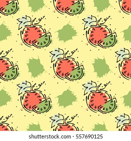 Vector fruits seamless pattern. Watermelon with leaves, decorative elements, blots, drops, splash Hand drawn contour lines and strokes Doodle sketch style, graphic vector drawing illustration.
