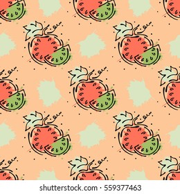 Vector fruits seamless pattern. Watermelon with leaves, decorative elements, blots, drops, splash Hand drawn contour lines and strokes Doodle sketch style, graphic vector drawing illustration.