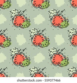 Vector fruits seamless pattern. Watermelon with leaves, decorative elements, blots, drops, splash Hand drawn contour lines and strokes Doodle sketch style, graphic vector drawing illustration.