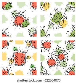 Vector fruits seamless pattern. Watermelon with leaves, decorative elements, blots, drops, splash Hand drawn contour lines and strokes Doodle sketch style, graphic vector drawing illustration
