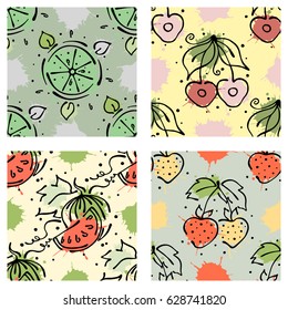 Vector fruits seamless pattern. Watermelon, cherry, strawberry, berry with leaves, blots, drops, splash Hand drawn contour lines and strokes Doodle sketch style, graphic vector drawing illustration