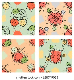 Vector fruits seamless pattern. Watermelon, strawberry, cherry, pomegranate, with leaves blots drops splash Hand drawn contour lines and strokes Doodle sketch style graphic vector drawing illustration