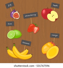 Vector Fruits Set - banana, fig, strawberry, apple, mango, lime