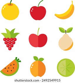 Vector fruits set isolated on white background. Apple, orange, pear, watermelon, plum, cherry, papaya, pineapple, bananas and strawberry icon. Vector illustration of summer fruits in flat style.