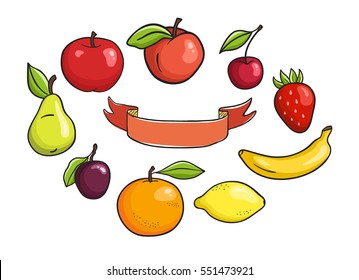 Frutas vectoriales y cintas aisladas en fondo blanco