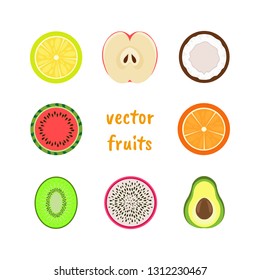 Vector fruits set of watermelon, dragon fruit, lemon,  coconut, kiwi, avocado and orange