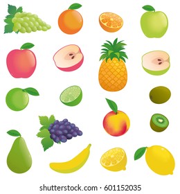Vector fruits simple, many, sliced: apple, pinapple, banana, grape, kiwi, pear, peach etc.