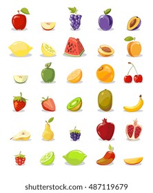 Vector fruits and slices collection. Pear and apple, lemon and orange illustration