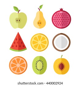 Vector fruits slices set. Apricot, kiwi, orange, coconut, lemon, watermelon, pomegranate, pear, apple cutaway fruits set. Flat design graphics concepts. Vector icons set