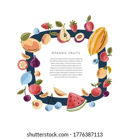 Vector fruits in square composition with space for text. Bright illustration of healthy fresh food. Isolated design elements. Ideal for poster, banner, packaging and home decor. 