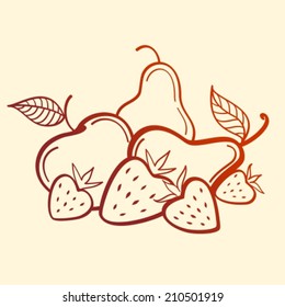 Vector Fruits. Strawberry, apple and pear. line art