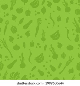 Fondo de verduras y frutas vectoriales, plantilla de patrón sin foco, color verde. Vector de stock