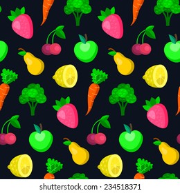 Vector fruits, vegetables, berries seamless pattern in trendy flat style