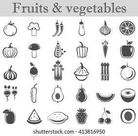 Vector fruits and vegetables black icon set. Dark grey ultra modern icons. 