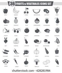 Vector Fruits and vegetables black icon set. Dark grey classic icon design for web.