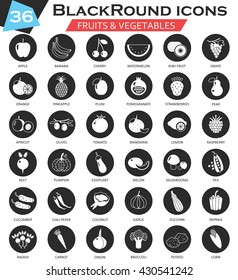 Vector Fruits and vegetables circle white black icon set. Ultra modern icon design for web. 