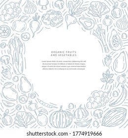 Gemüsesorten und Vektor-Zusammensetzung mit Platz für Text. Helle Illustration gesunder frischer Lebensmittel. Einzeln Design-Elemente im Rahmenstil. Ideal für Plakate, Banner, Verpackungen und Wohnungsdekoration. 