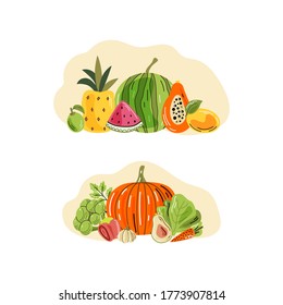 Vector fruits and vegetables compositions. Bright illustration of healthy fresh food. Isolated design elements. 