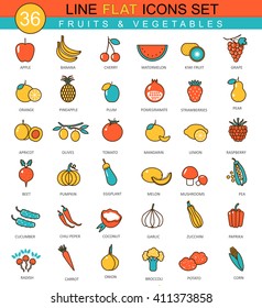 Vector Fruits and vegetables flat line icons set. Modern elegant style design  for web.