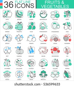 Vector Fruits and vegetables flat line outline icons for apps and web design. Fruits and vegetable food icon