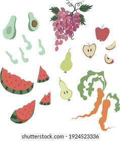 Vector of fruits and vegetables in hand-drawn style. Flat vector illustration, sketch style, design. 
Isolated on white background.  For web, packaging, gist decoration. 