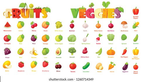 Vector fruits and vegetables icon set. Includes apples, grapes, banana, watermelon, plum, orange, pear with strawberry and other icons