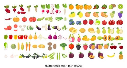 Vector fruits and vegetables icon set isolated on white background. Vector illustration. Eps 10.