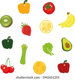 Vector fruits and vegetables icon set isolated on white background. Vector illustration.