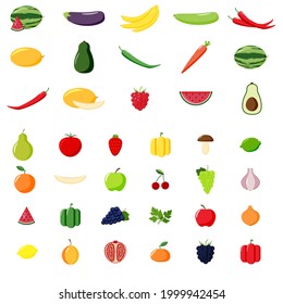 Icono de verduras y frutas vectoriales aislado en fondo blanco. Conjunto de frutas y verduras. Diferentes verduras y frutas de colores.