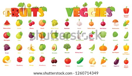 Vector fruits and vegetables icon set. Includes apples, grapes, banana, watermelon, plum, orange, pear with strawberry and other icons