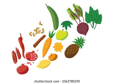 Vector fruits and vegetables. Includes cucumber, radish, spinach, pineapple, carrot, clementine, lemon, dates, pepper, pomegranate, cashew nuts, honey comb, mint and cinnamon roll.