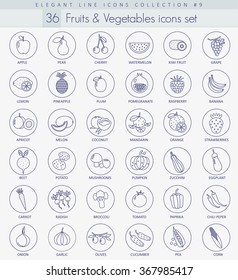 Vector fruits and vegetables outline icon set. Elegant thin line style design