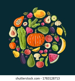 Vector fruits and vegetables in round composition on the dark background. Bright illustration of healthy fresh food. Isolated design elements. 