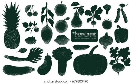 Vector fruits and vegetables silhouettes. Retro illustrations. Hand drawn nature objects.