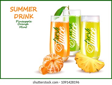 Vector fruit.Vector mandarin and pineapple. Vector transparent glass with juice.Image of citrus, lobules, peeled fruit.Isolated vector image for sale of fruits for shops. 