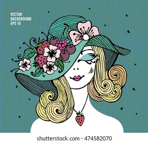 Vector. Fruity Style. Creative Design. Beautiful Fashionable Woman In A Hat Of Flowers And Fruit.