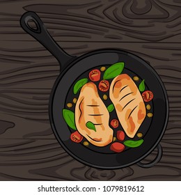 vector frying pan of chicken breasts