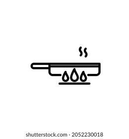 Vector frying pan on stove line icon. Editable stroke. Minimal kitchen illustration. Skillet pictogram with flames and fire.