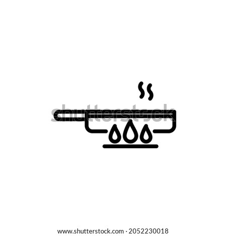 Vector frying pan on stove line icon. Editable stroke. Minimal kitchen illustration. Skillet pictogram with flames and fire.