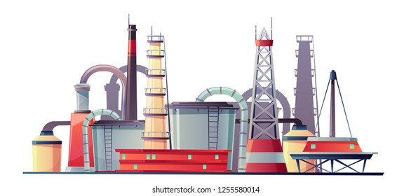 Vector fuel industry refinery plant, metal pipes and tower for extraction gas. Cartoon offshore crude gasoline storage. Oil rig platform isolated on white background. Construction, station with petrol