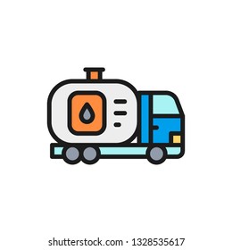 Vector fuel truck, car with oil tank, water transfer, transportation flat color line icon.