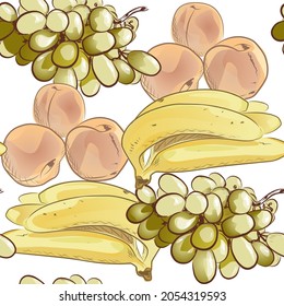 Vector fuit seamless pattern. Banana, peach, white grape