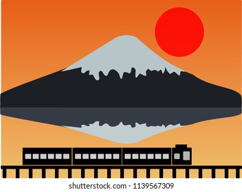 vector of "Fuji mountain" in the evening with the train on the railroad
