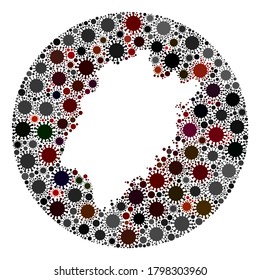 Vector Fujian Province map collage of coronavirus. Infection attacks the lockdown territory from outside. Stencils round Fujian Province map collage composed with infection elements.