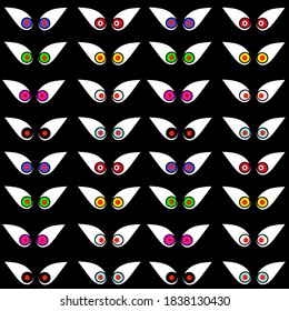 vector fulcoloured green, blue, red, yellow , green and black ghost eyes image.
ghost eyes illustration for Halloween. Black vector ghost eyes seamless pattern for Halloween