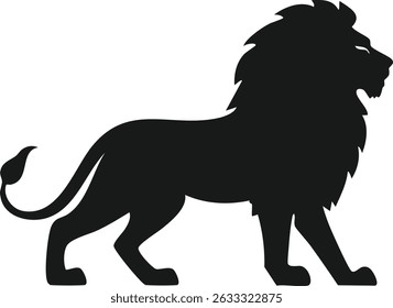 Vector Full Black Silhouette of a Majestic Lion Standing Tall with Strong and Graceful Pose on a Clean White Background