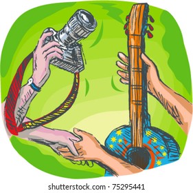 vector full color hand sketched drawing vector illustration showing two hands swapping DSLR camera or photography shoot with guitar or guitar lessons