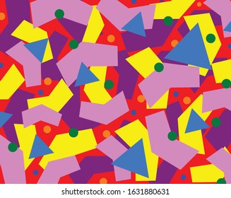 Vector full color retro style background with bright color geometric shapes triangles, circles and boomerangs concept easy to edit