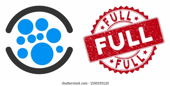 Vector full icon and distressed round stamp seal with Full caption. Flat full icon is isolated on a white background. Full stamp seal uses red color and grunged design.